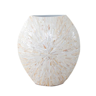 Laila 36cm Mother of Pearl Inlay Vase - Cream Beige features a nearly spherical shape with a starburst mosaic pattern of cream-to-pearl-white tiles, offering a textured, lustrous appearance.