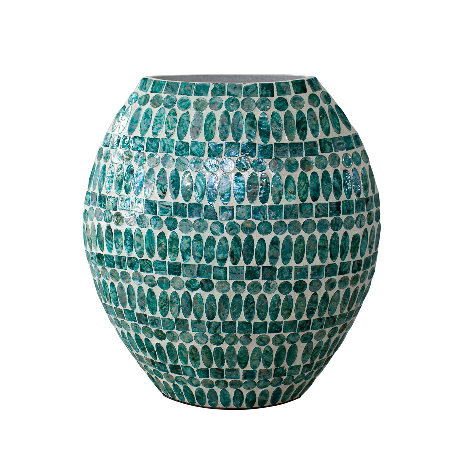 Laila 36cm Mother of Pearl Inlay Vase - Jade Green features a large, oval design adorned with teal-green mosaic tiles, creating a shimmering, handcrafted appearance perfect for elegant home decor.