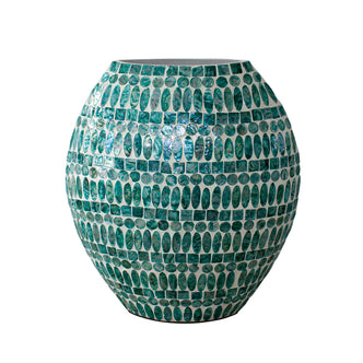 Laila 36cm Mother of Pearl Inlay Vase - Jade Green features a large, oval design adorned with teal-green mosaic tiles, creating a shimmering, handcrafted appearance perfect for elegant home decor.