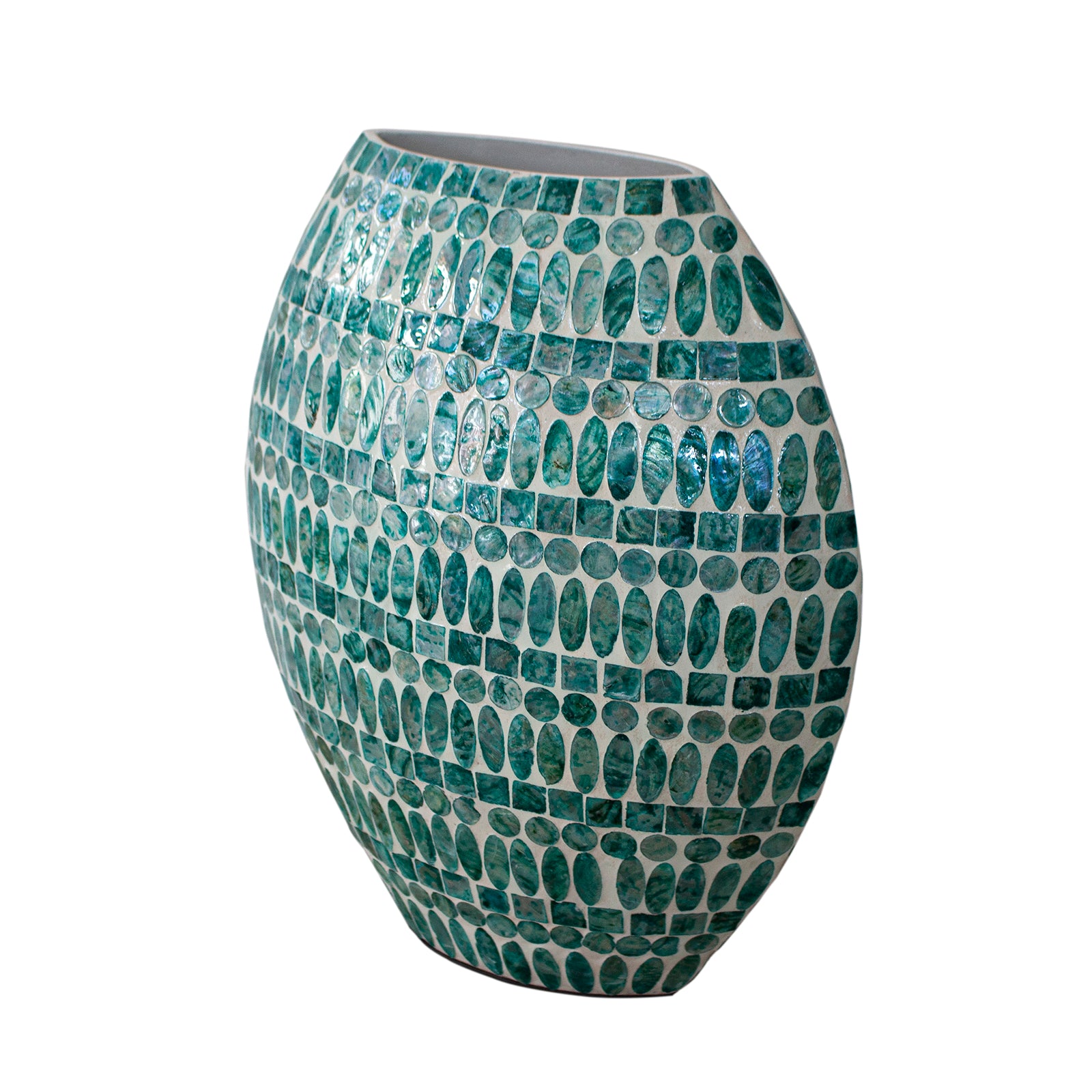 Laila 36cm Mother of Pearl Inlay Vase - Jade Green, featuring a flattened-oval shape adorned with a green-blue mosaic pattern of small oval and square tiles, creating a lustrous, elegant finish.
