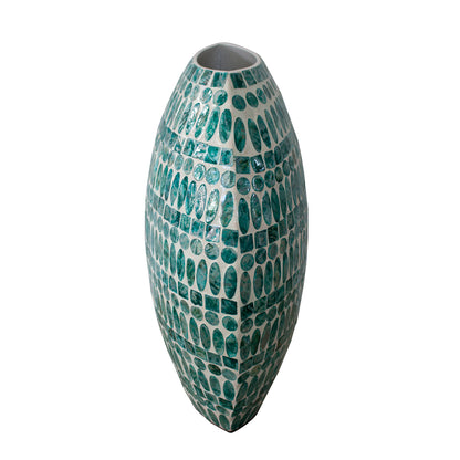 Laila 36cm Mother of Pearl Inlay Vase - Jade Green features a tall, narrow silhouette with a mosaic of teal-green glass tiles, showcasing intricate craftsmanship as a striking home décor accent.