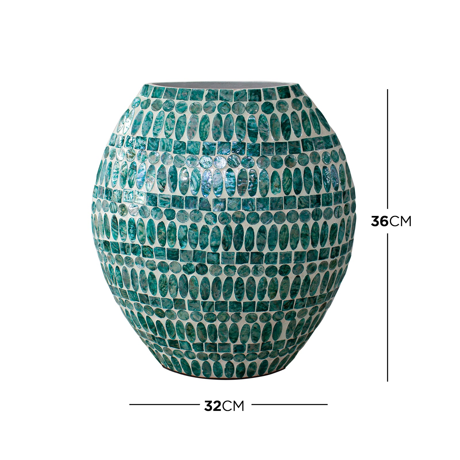 Laila 36cm Mother of Pearl Inlay Vase - Jade Green, featuring a decorative egg-shaped design with a teal-green mosaic pattern of oval and square tiles, measuring 36 cm tall by 32 cm wide.