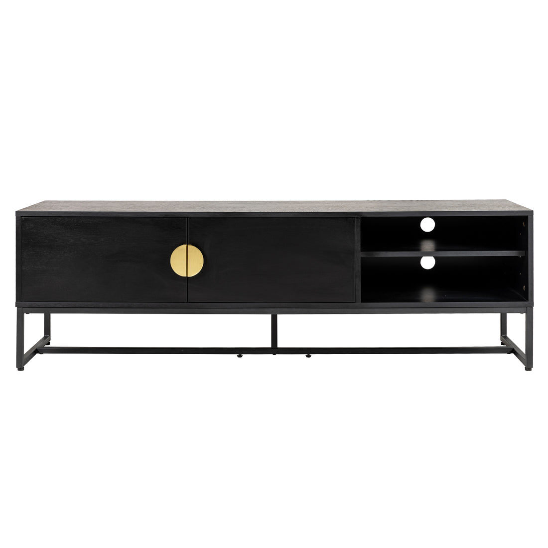 The Landon 160cm TV Entertainment Unit - Black features a matte black finish, metal base, two cabinet doors with brass-gold pulls, and two open shelves with cable-management holes.