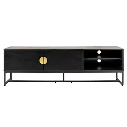 The Landon 160cm TV Entertainment Unit - Black features a matte black finish, metal base, two cabinet doors with brass-gold pulls, and two open shelves with cable-management holes.