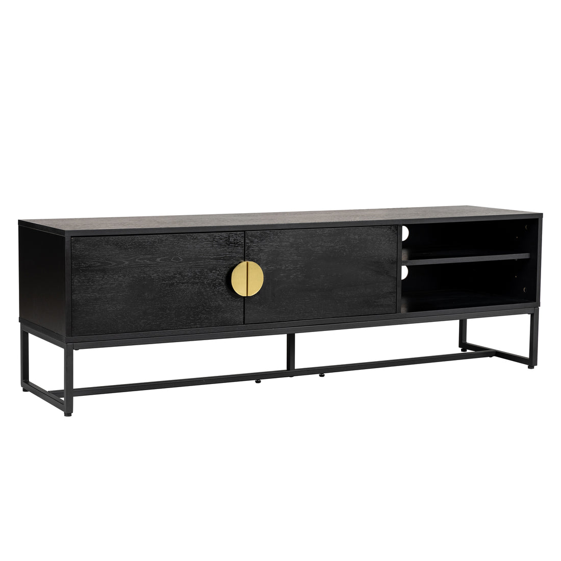Landon 160cm TV Entertainment Unit - Black, featuring a matte black finish, central closed-door cabinet with brass pull, open shelving on one side, and rests on a slim rectangular metal base.