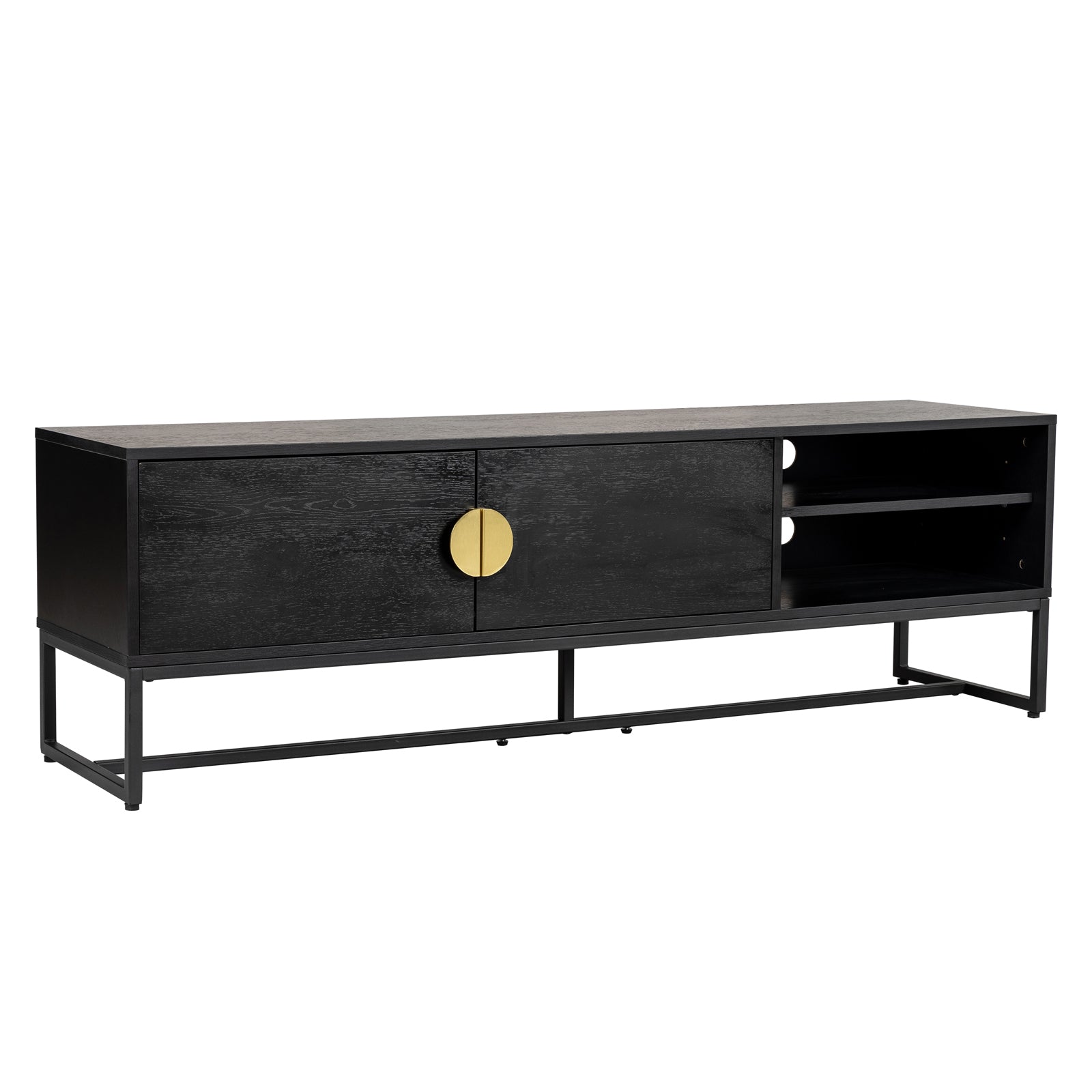 Landon 160cm TV Entertainment Unit - Black, featuring a matte black finish, central closed-door cabinet with brass pull, open shelving on one side, and rests on a slim rectangular metal base.