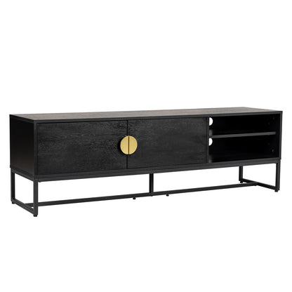 Landon 160cm TV Entertainment Unit - Black, featuring a matte black finish, central closed-door cabinet with brass pull, open shelving on one side, and rests on a slim rectangular metal base.