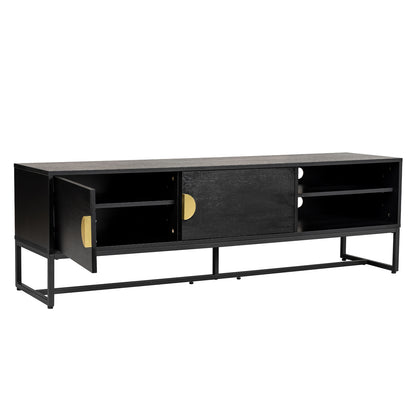 Landon 160cm TV Entertainment Unit - Black, featuring a modern design with a low metal frame, three storage bays with adjustable shelves, round brass-finish pulls, and a central sliding door.
