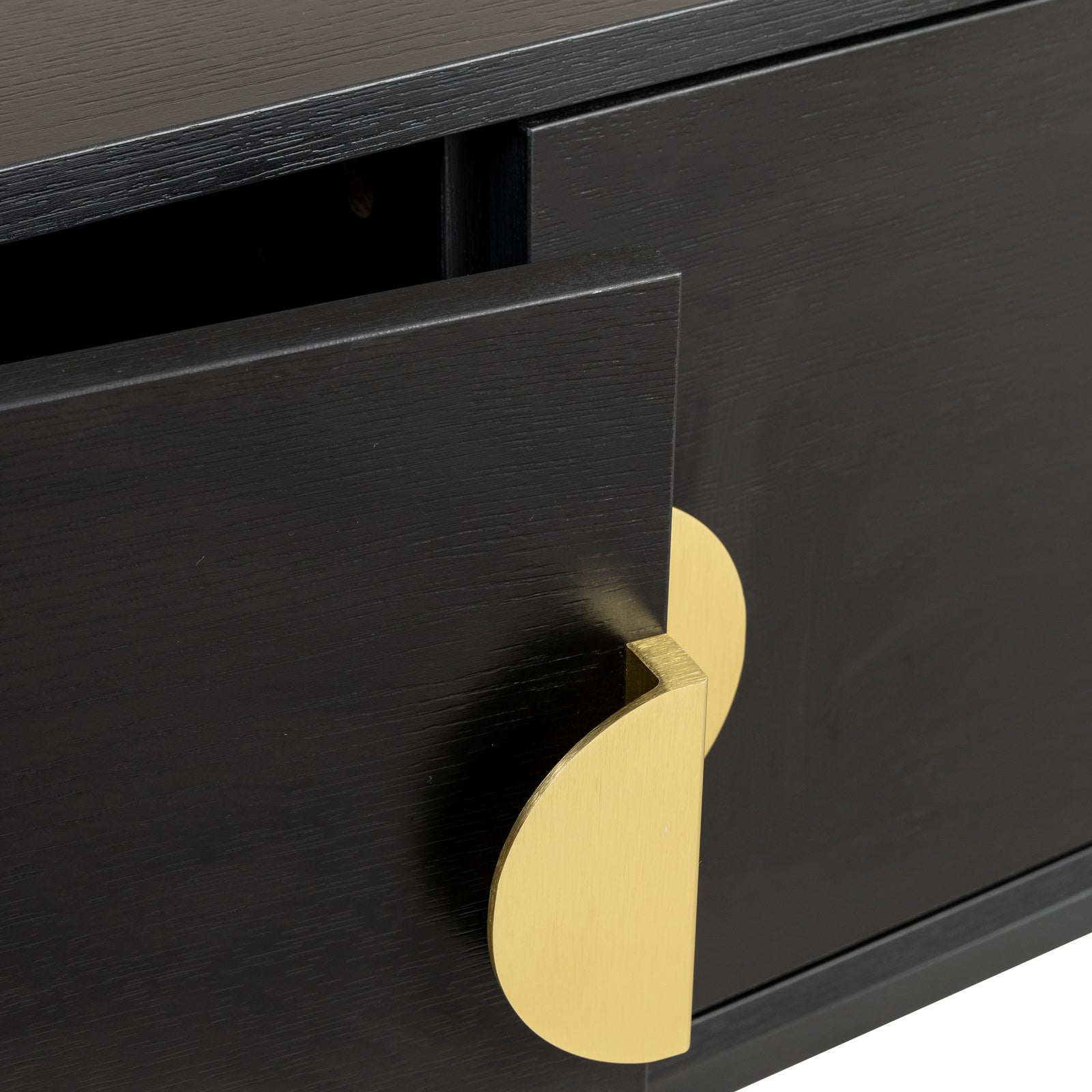 Landon 160cm TV Entertainment Unit - Black with textured wood grain finish and brushed-gold half-circle handle, showcasing a modern, minimalist design with a partially opened drawer.