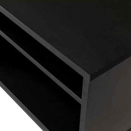 Landon 160cm TV Entertainment Unit - Black, showcasing a black-stained wood finish with a matte texture, features visible top surface and two shelf levels, emphasizing its sleek, contemporary design.
