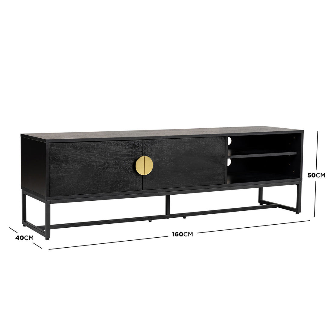 Landon 160cm TV Entertainment Unit - Black features a black finish with a metal frame. Includes a two-door cabinet with brass pull and open shelves with cable-management cutouts.