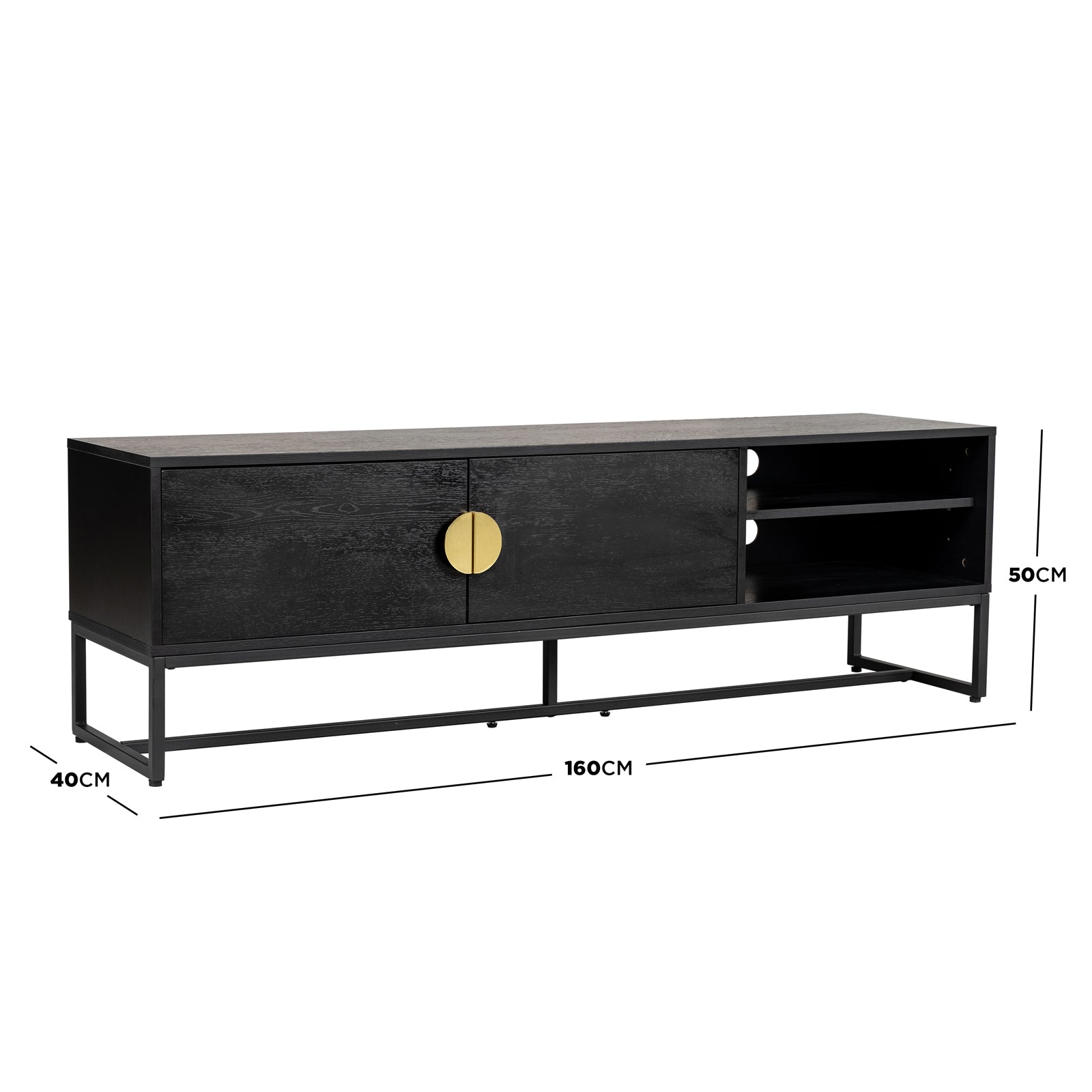 Landon 160cm TV Entertainment Unit - Black features a black finish with a metal frame. Includes a two-door cabinet with brass pull and open shelves with cable-management cutouts.