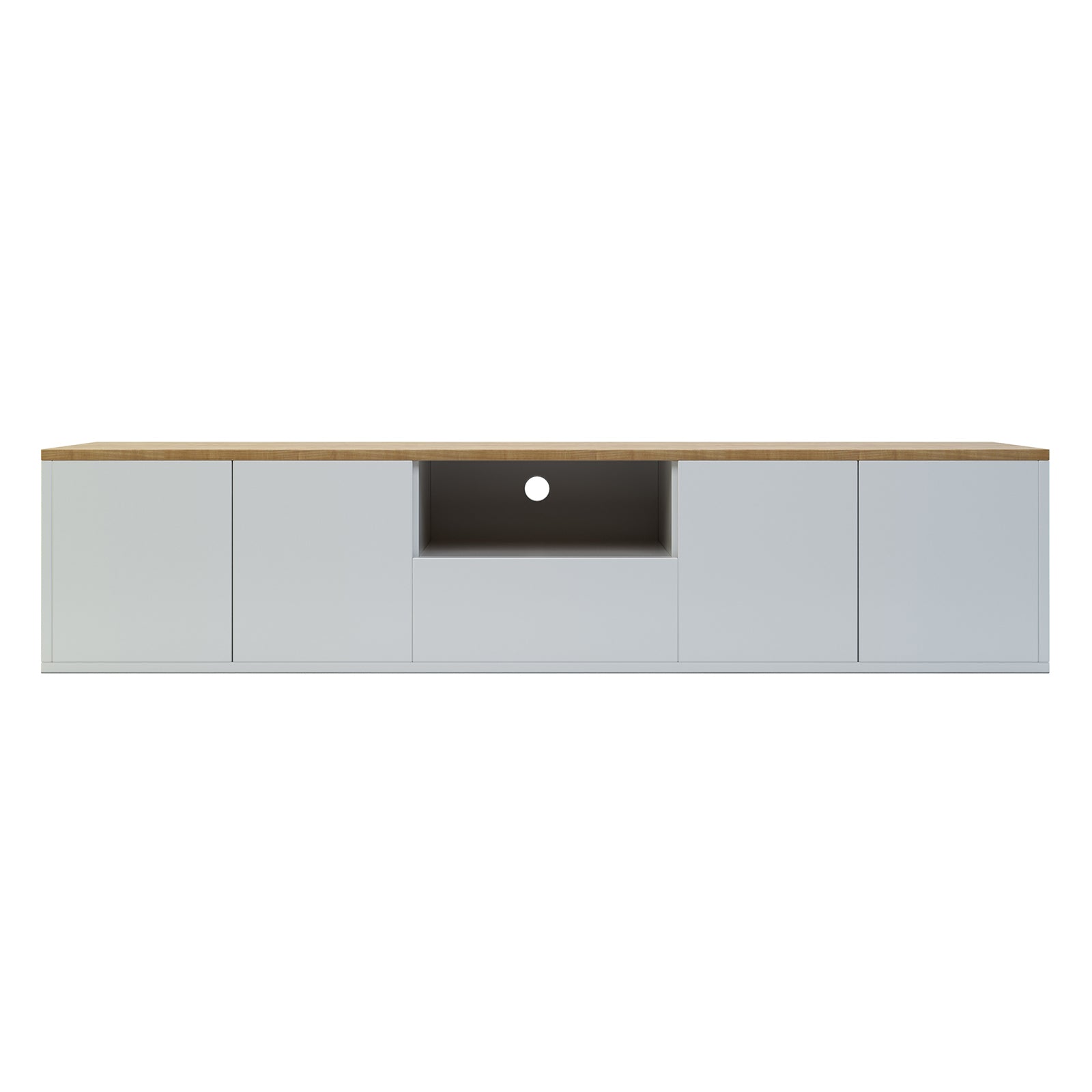 Leslie 180cm Floating Entertainment Unit in White & Natural featuring a modern design with a wood-tone top, white base, four handleless doors, central open cubby, and cable-management hole.