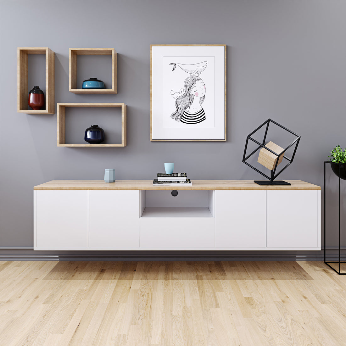 Leslie 180cm Floating Entertainment Unit in White & Natural, featuring a sleek minimalist design with open and closed storage, mounted against a gray wall with decorative elements above and around it.