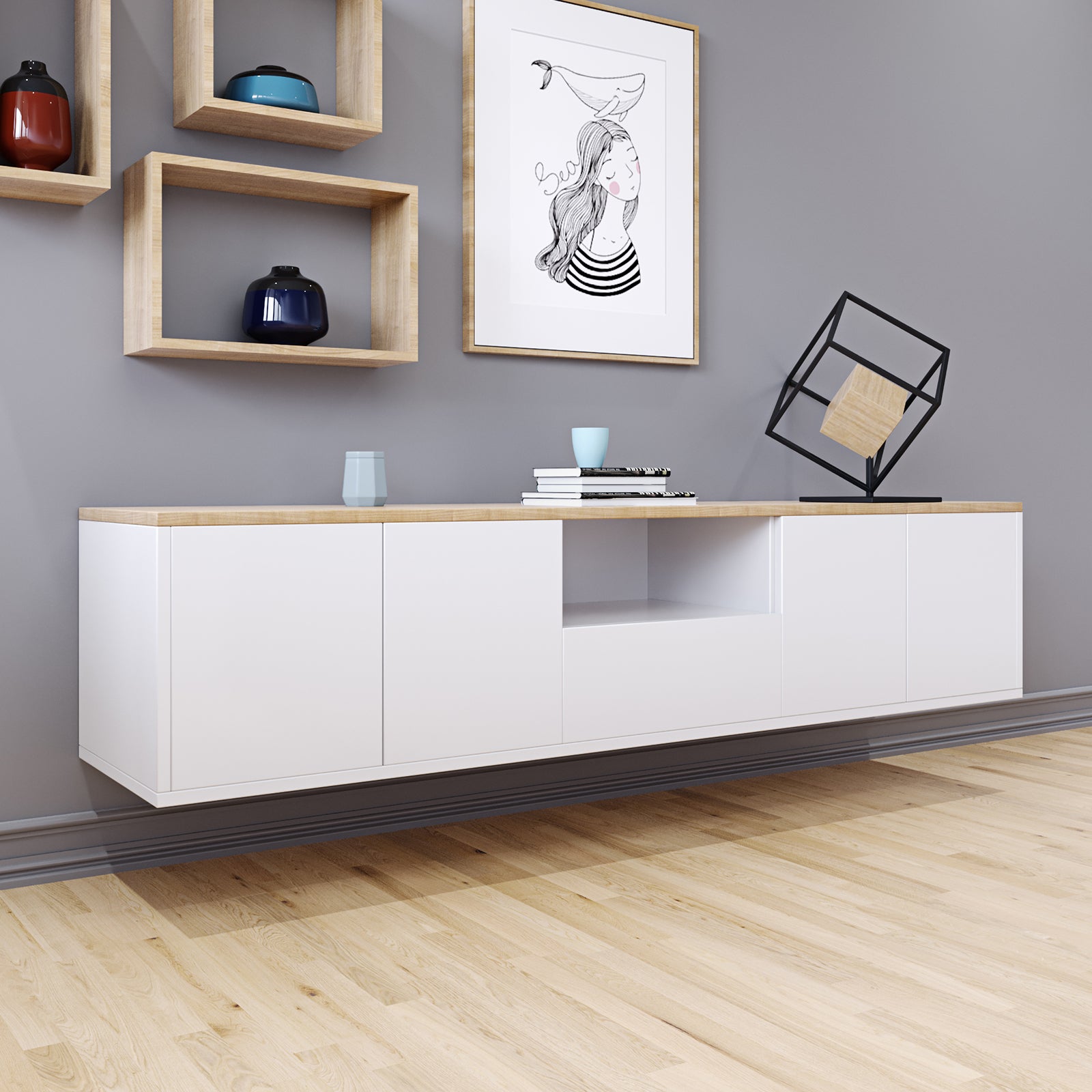 Leslie 180cm Floating Entertainment Unit in White & Natural, featuring a sleek design with handleless white cabinet doors and a light wood top, wall-mounted against a smooth gray backdrop.