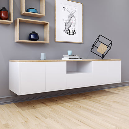 Leslie 180cm Floating Entertainment Unit in White & Natural, featuring a sleek design with handleless white cabinet doors and a light wood top, wall-mounted against a smooth gray backdrop.