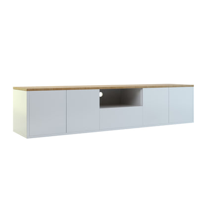 Leslie 180cm Floating Entertainment Unit in White & Natural features a light wood top, white body, four closed-door compartments, central open cubby, and a drawer, perfect for organizing AV components.