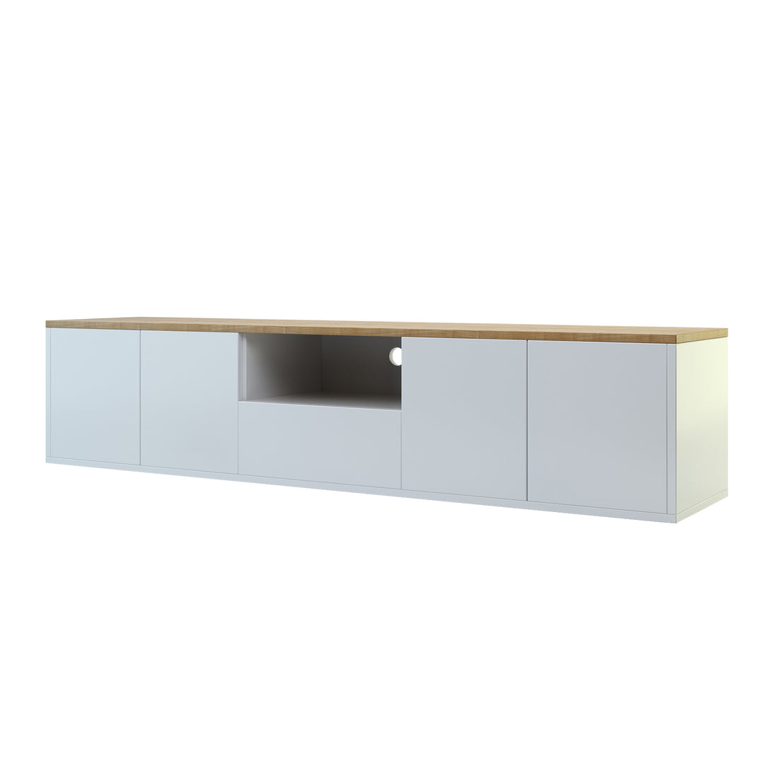 Leslie 180cm Floating Entertainment Unit in White & Natural, featuring a sleek, modern design with a light wood top, four closed compartments, a central open shelf, and a lower drawer.