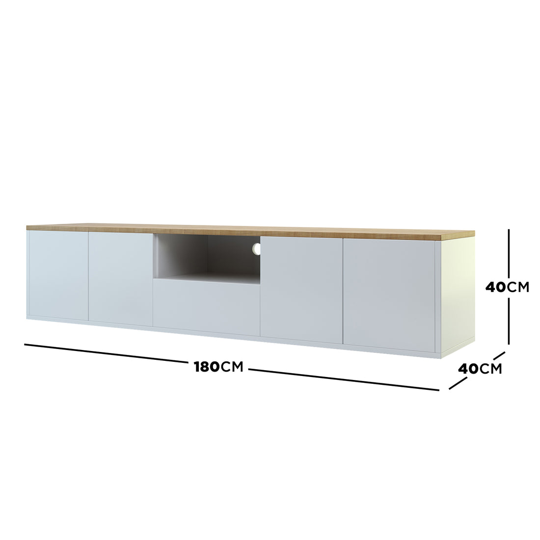 Leslie 180cm Floating Entertainment Unit in White & Natural, featuring a light wood top, white carcass, two door-front cupboards, central open shelf with cable hole, and wall-mount capability for a sleek, modern look.