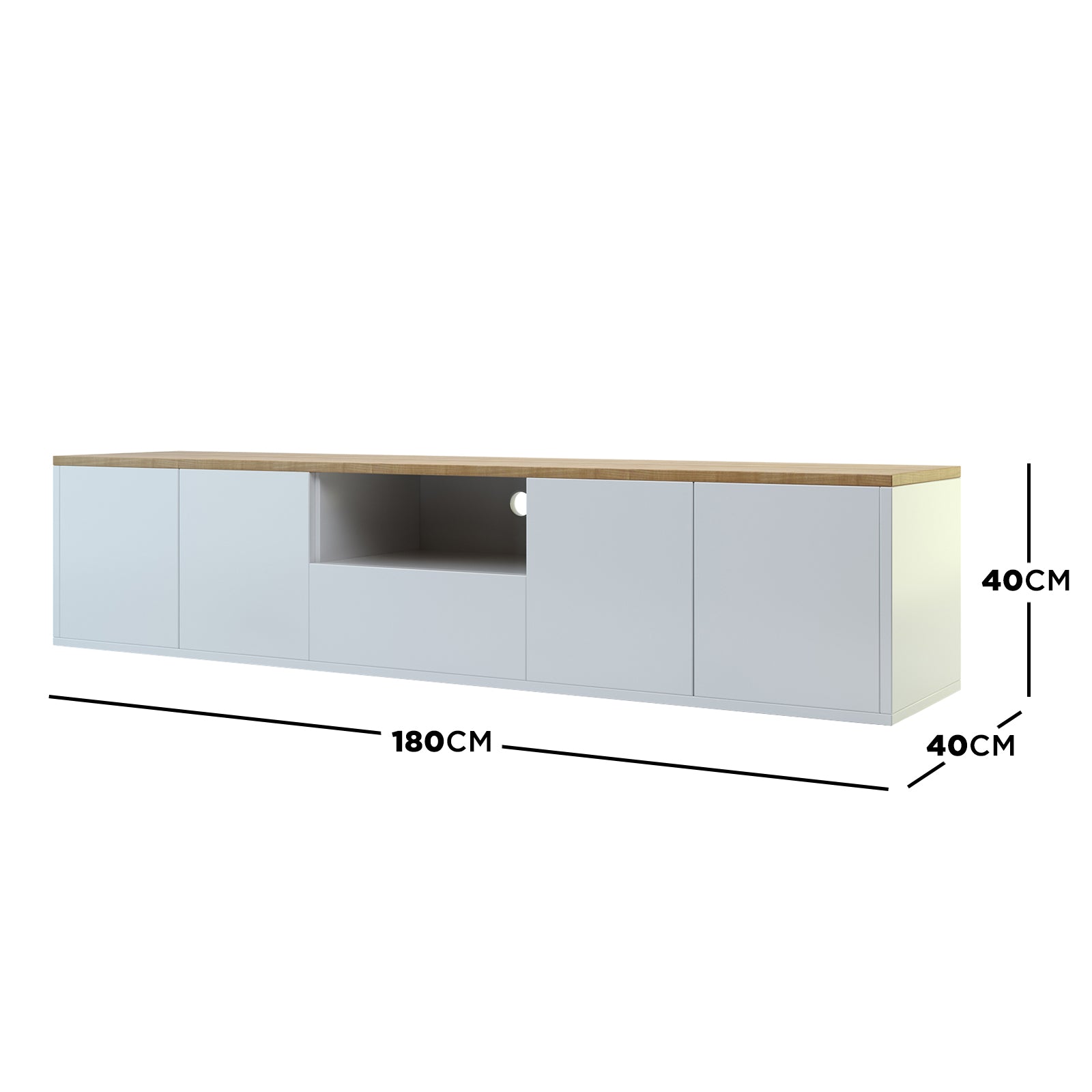 Leslie 180cm Floating Entertainment Unit in White & Natural, featuring a light wood top, white carcass, two door-front cupboards, central open shelf with cable hole, and wall-mount capability for a sleek, modern look.