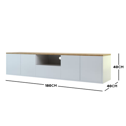 Leslie 180cm Floating Entertainment Unit in White & Natural, featuring a light wood top, white carcass, two door-front cupboards, central open shelf with cable hole, and wall-mount capability for a sleek, modern look.