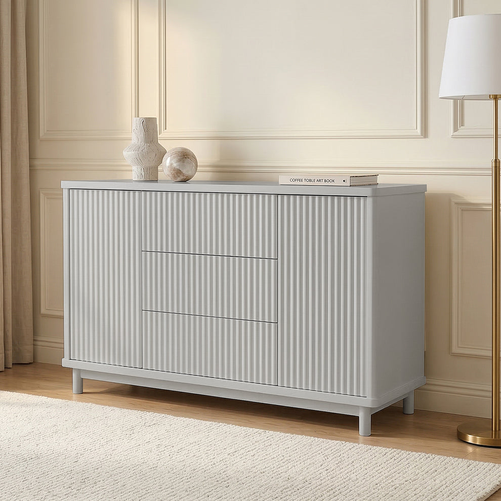 Loom Fluted Push Open Chest of Drawers in Warm Light Grey