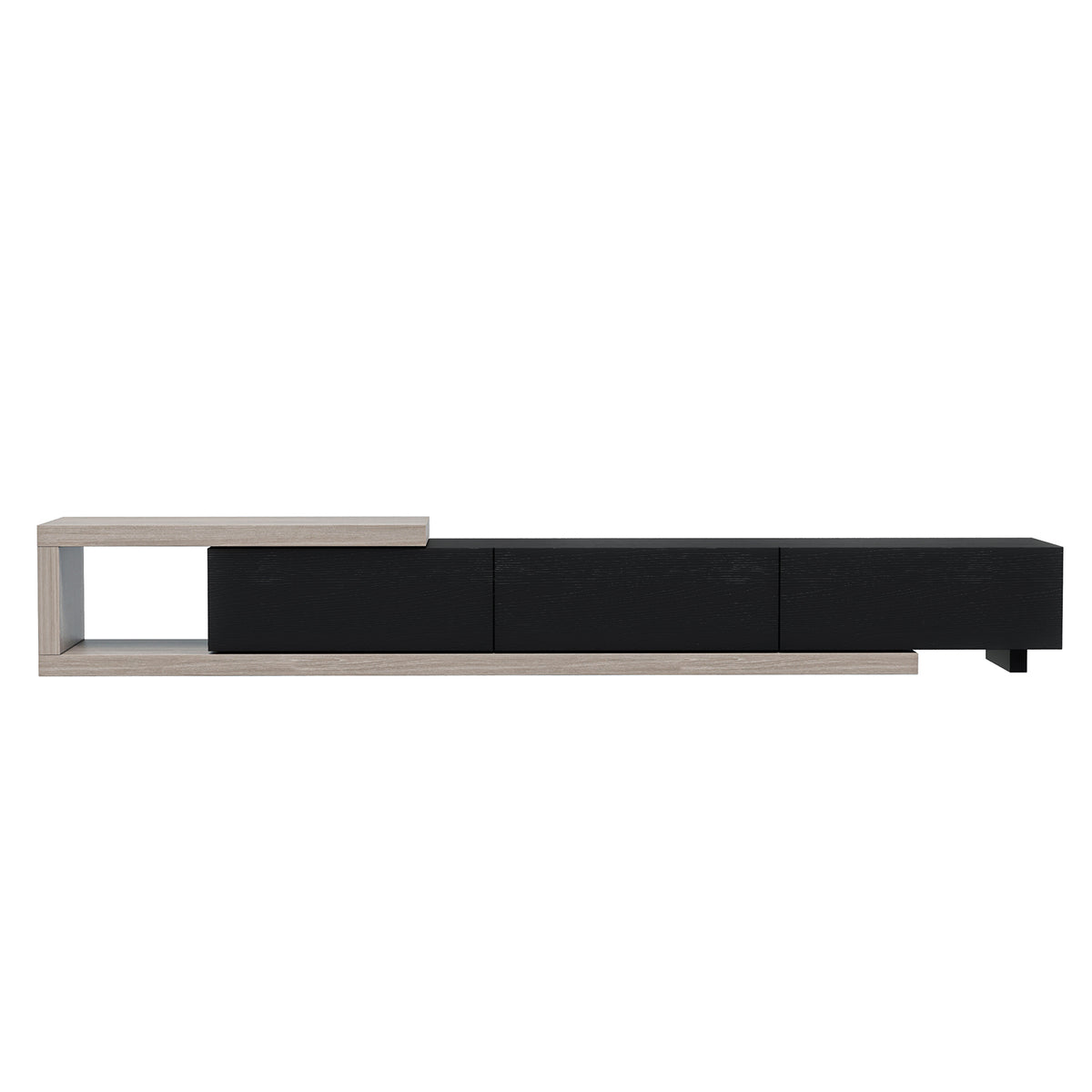 Mable Extendable Entertainment Unit with Drawers - Black, features a sleek, low-profile design with three black drawers, a light wood frame, and an open cubby, ideal for modern living rooms.