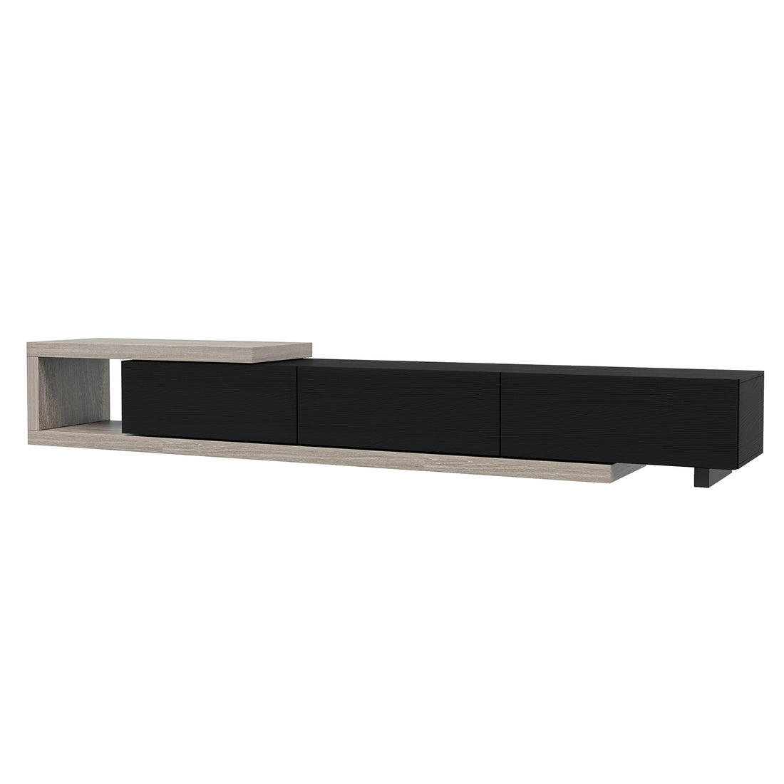 Mable Extendable Entertainment Unit with Drawers - Black, featuring a two-tone design with an open light wood-grain shelf and a sleek black cabinet section, perfect for a modern living space.