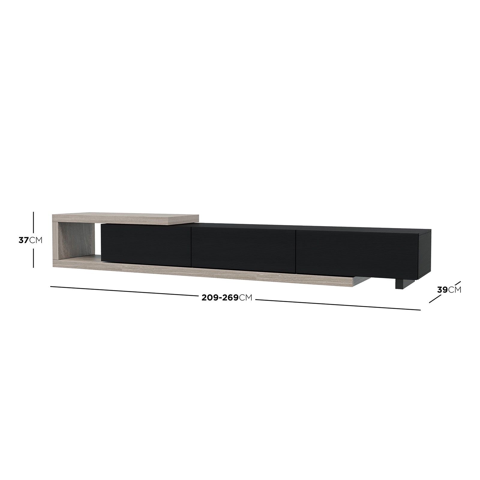 Mable Extendable Entertainment Unit with Drawers - Black, featuring a modern design with an adjustable length, light wood-tone open shelf on the left, and matte-black drawers on the right.