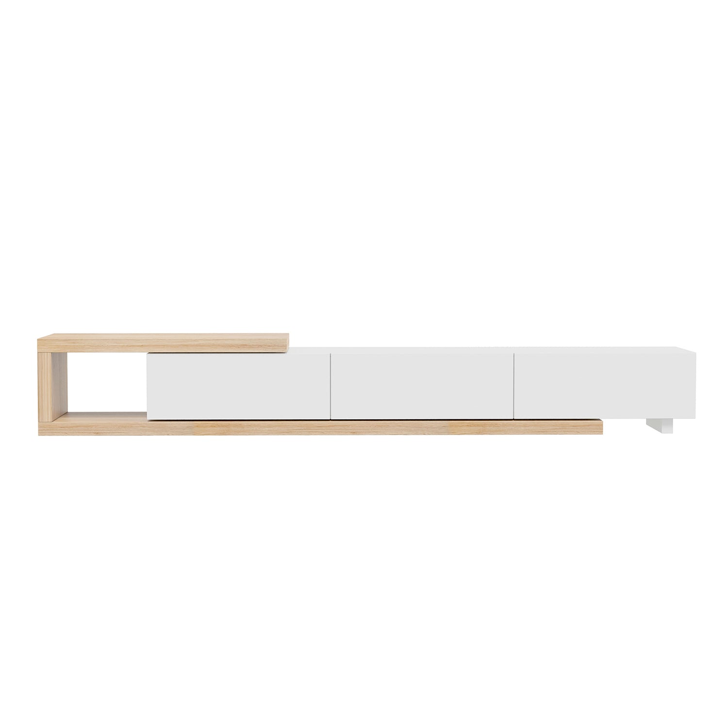Mable Extendable Entertainment Unit with Drawers White features a sleek design with three white cabinets, an L-shaped open shelf on a natural wood plinth, offering versatile, modern storage solutions.