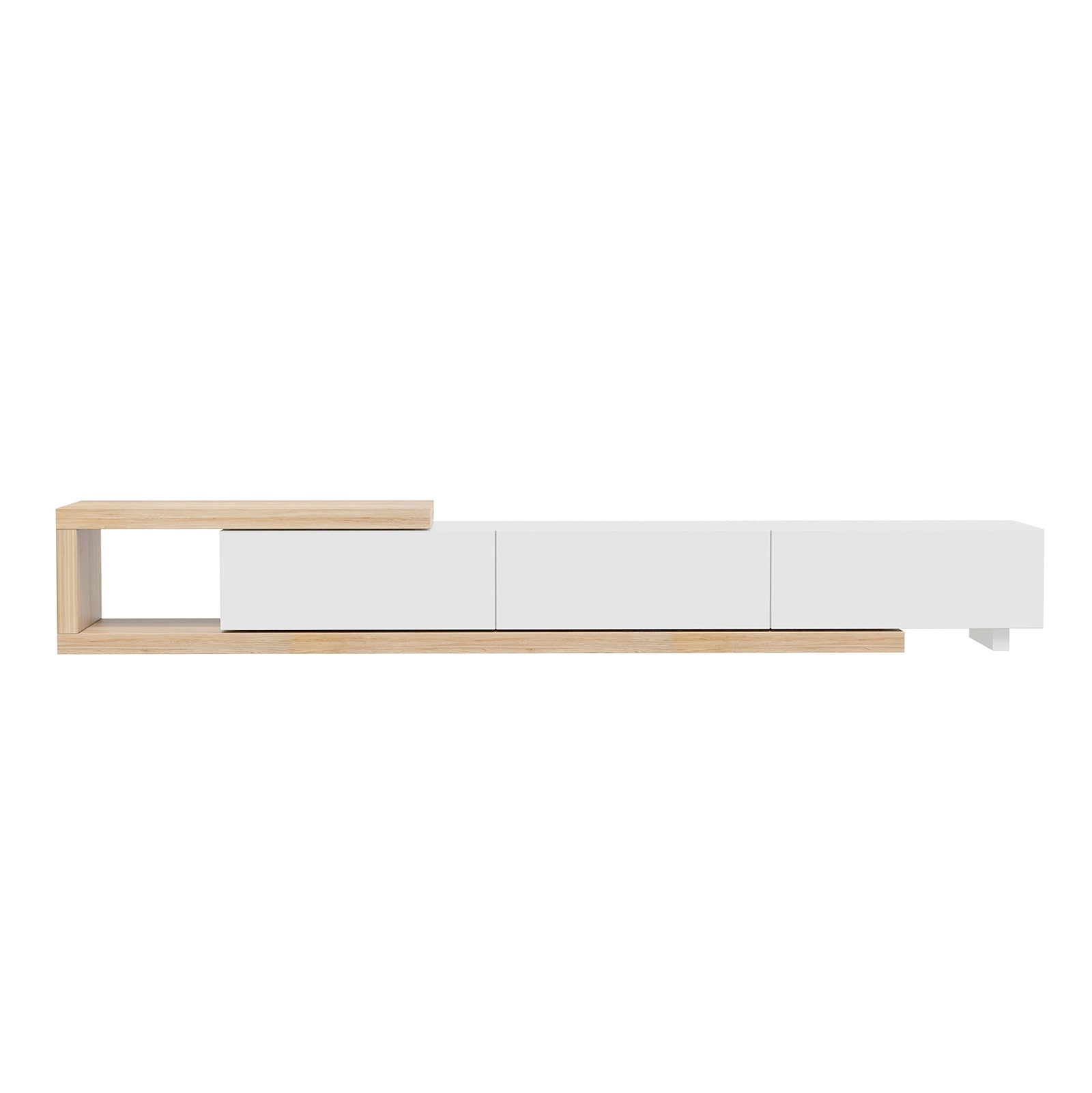 Mable Extendable Entertainment Unit with Drawers White features a sleek design with three white cabinets, an L-shaped open shelf on a natural wood plinth, offering versatile, modern storage solutions.