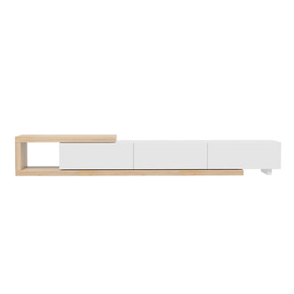 Mable Extendable Entertainment Unit with Drawers White features a sleek design with three white cabinets, an L-shaped open shelf on a natural wood plinth, offering versatile, modern storage solutions.