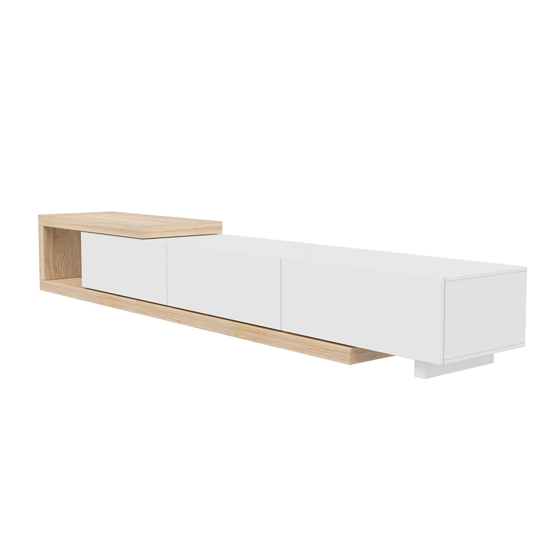 Mable Extendable Entertainment Unit with Drawers White features a sleek, white lacquered finish, adjustable length, three drawers, and an open oak-toned shelf, blending modern design with practical storage.