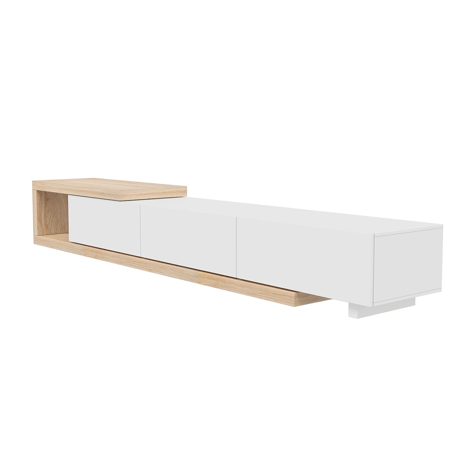Mable Extendable Entertainment Unit with Drawers White features a sleek, white lacquered finish, adjustable length, three drawers, and an open oak-toned shelf, blending modern design with practical storage.