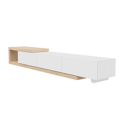 Mable Extendable Entertainment Unit with Drawers White features a sleek, white lacquered finish, adjustable length, three drawers, and an open oak-toned shelf, blending modern design with practical storage.
