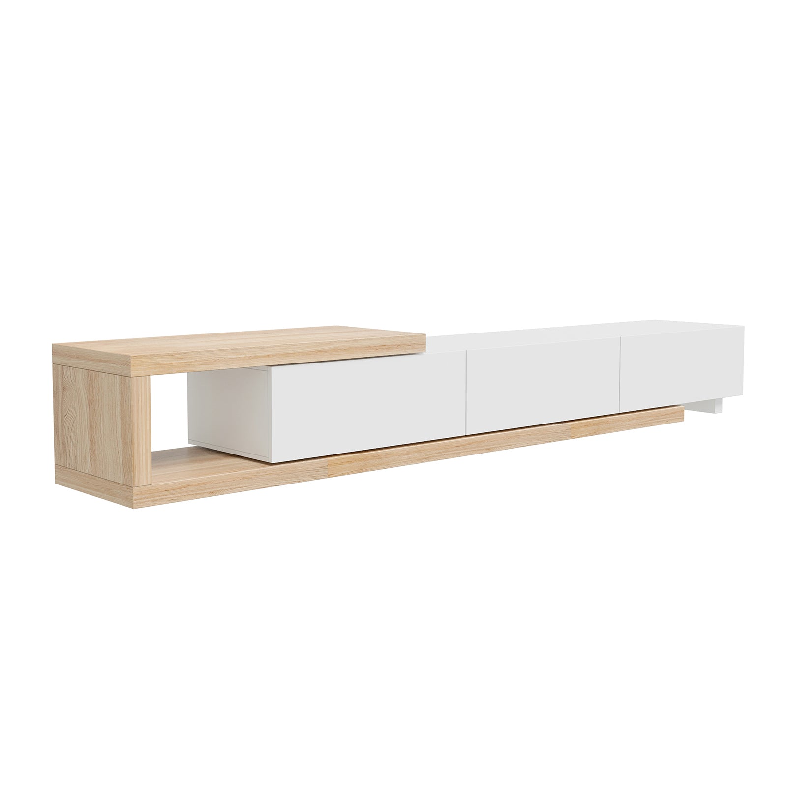 Mable Extendable Entertainment Unit with Drawers White features a sleek, low-profile design with a light oak-tone frame, white handle-free drawers, an open shelf, and adjustable length from 209cm to 269cm.