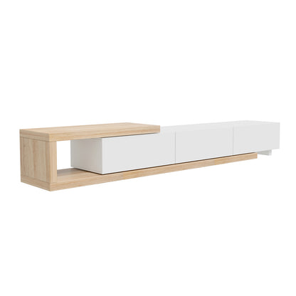 Mable Extendable Entertainment Unit with Drawers White features a sleek, low-profile design with a light oak-tone frame, white handle-free drawers, an open shelf, and adjustable length from 209cm to 269cm.