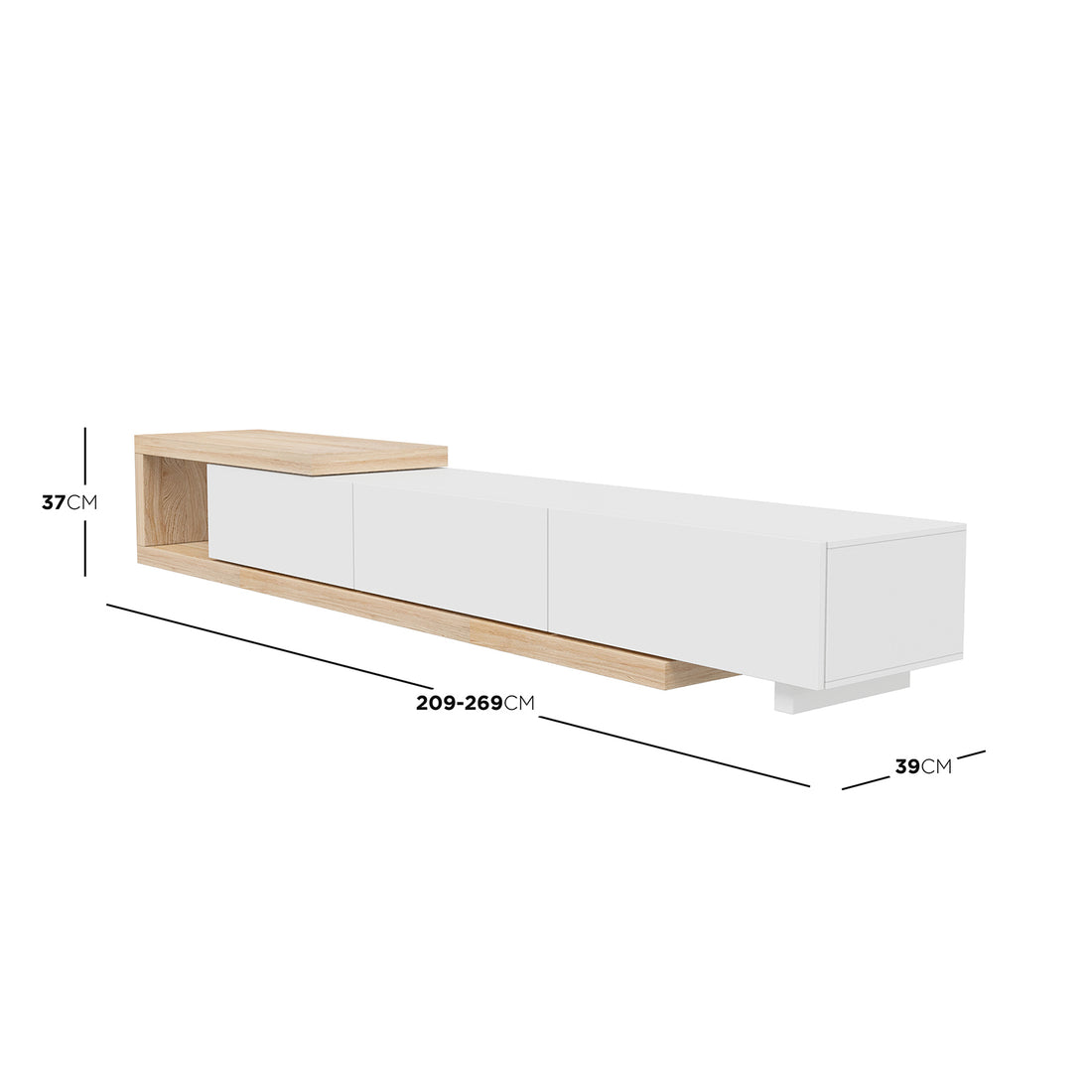 Mable Extendable Entertainment Unit with Drawers White, featuring a two-tone design, adjustable length (209-269 cm), three drawers, and an open L-shaped shelf for modern storage under a TV.