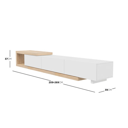 Mable Extendable Entertainment Unit with Drawers White, featuring a two-tone design, adjustable length (209-269 cm), three drawers, and an open L-shaped shelf for modern storage under a TV.