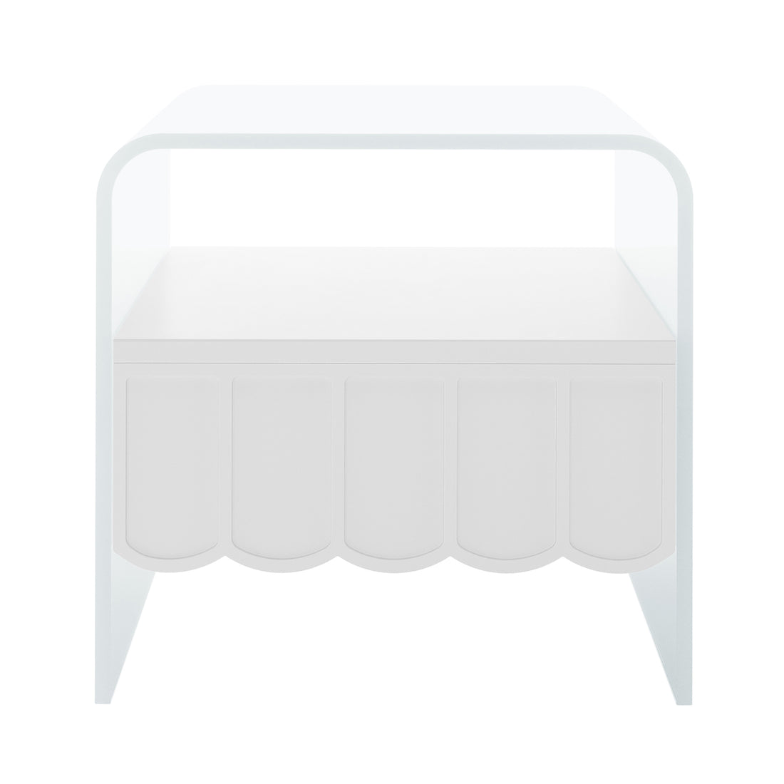 Magdalena 45cm Scalloped Acrylic Bedside Table in White features U-shaped side panels, a single scalloped-arch drawer, and a minimalist design, perfect for modern bedroom aesthetics.