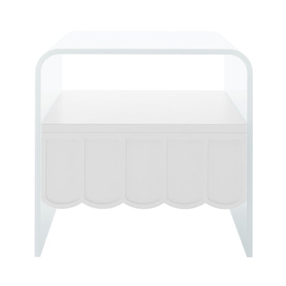 Magdalena 45cm Scalloped Acrylic Bedside Table in White features U-shaped side panels, a single scalloped-arch drawer, and a minimalist design, perfect for modern bedroom aesthetics.