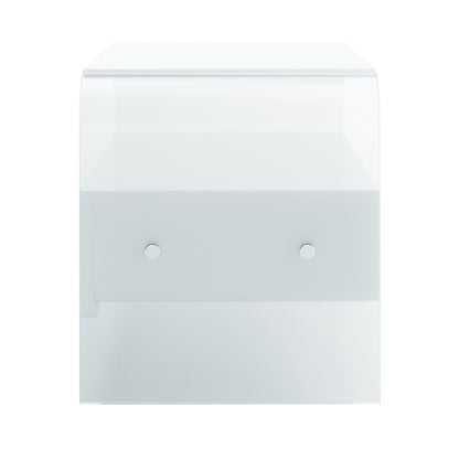 Magdalena 45cm Scalloped Acrylic Bedside Table in White, a modern cube-shaped unit with a shallow drawer featuring round metal knobs and a lower open compartment, finished in glossy white.