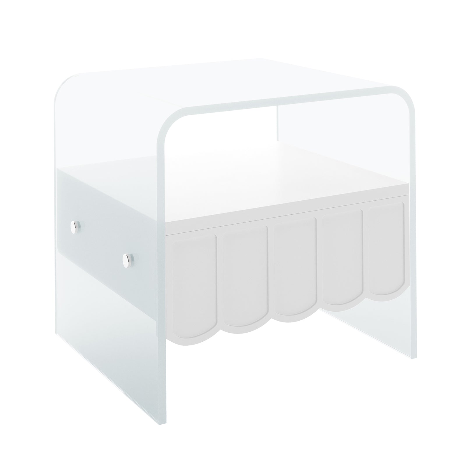 Magdalena 45cm Scalloped Acrylic Bedside Table in White features a clear acrylic U-shaped frame with a white shelf and scalloped lower edge, showcasing a modern, minimalist design.