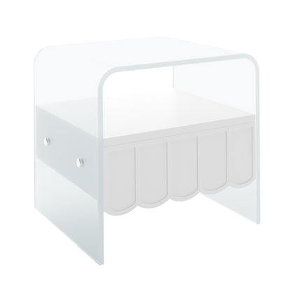 Magdalena 45cm Scalloped Acrylic Bedside Table in White features a clear acrylic U-shaped frame with a white shelf and scalloped lower edge, showcasing a modern, minimalist design.