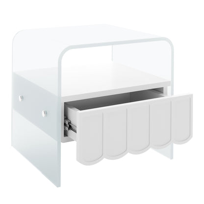 Magdalena 45cm Scalloped Acrylic Bedside Table in White features a minimalist design with clear side panels and a single scalloped-edge drawer, ideal as a compact bedside or desktop organizer.