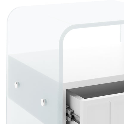Magdalena 45cm Acrylic Glass Bedside Table in White features a frosted acrylic side panel with metal caps, a flat top shelf, and a lower drawer with concealed metal slides.