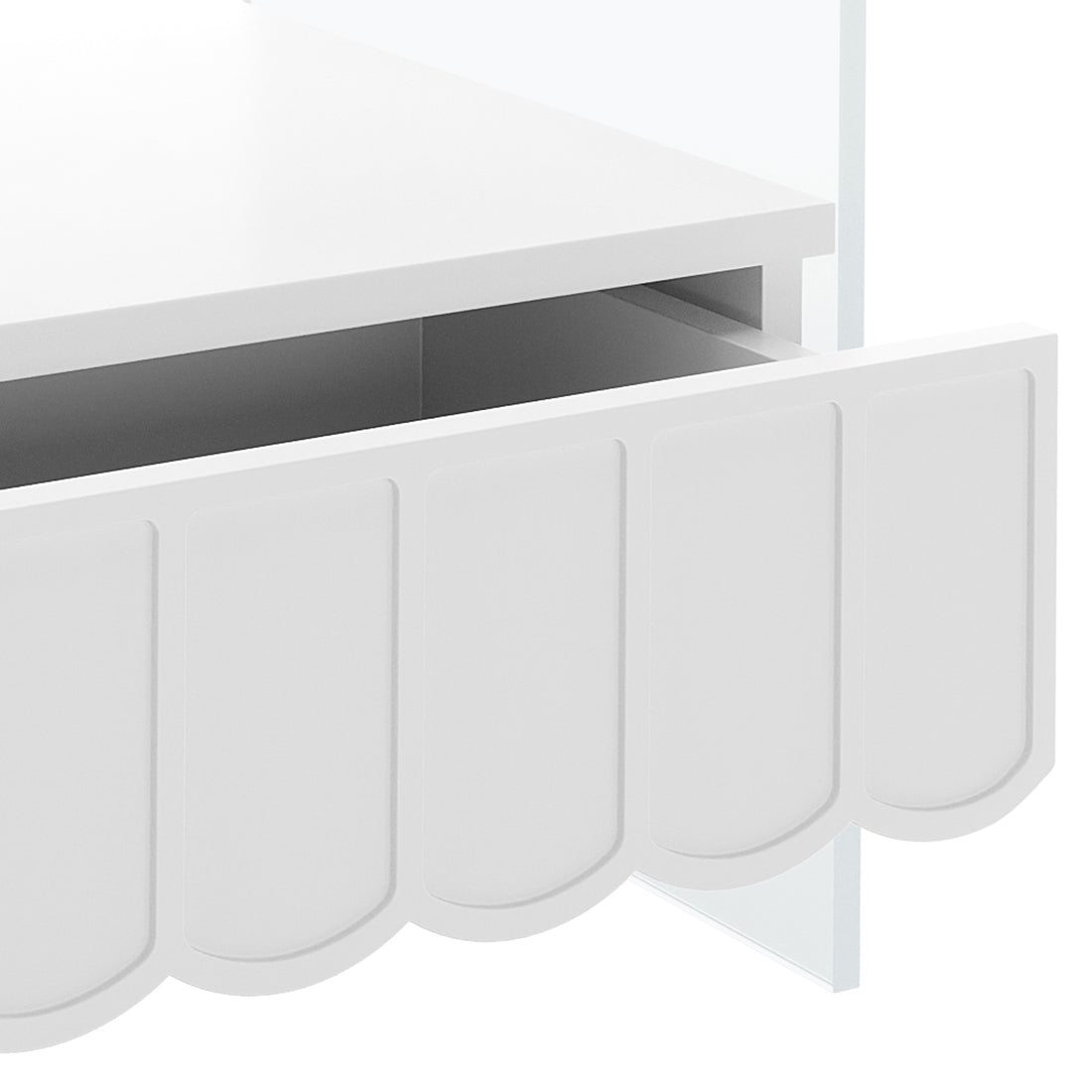 Magdalena 45cm Scalloped Acrylic Bedside Table in White, featuring a decorative scalloped drawer panel, partially open to reveal an empty interior and transparent side support, showcasing modern elegance.