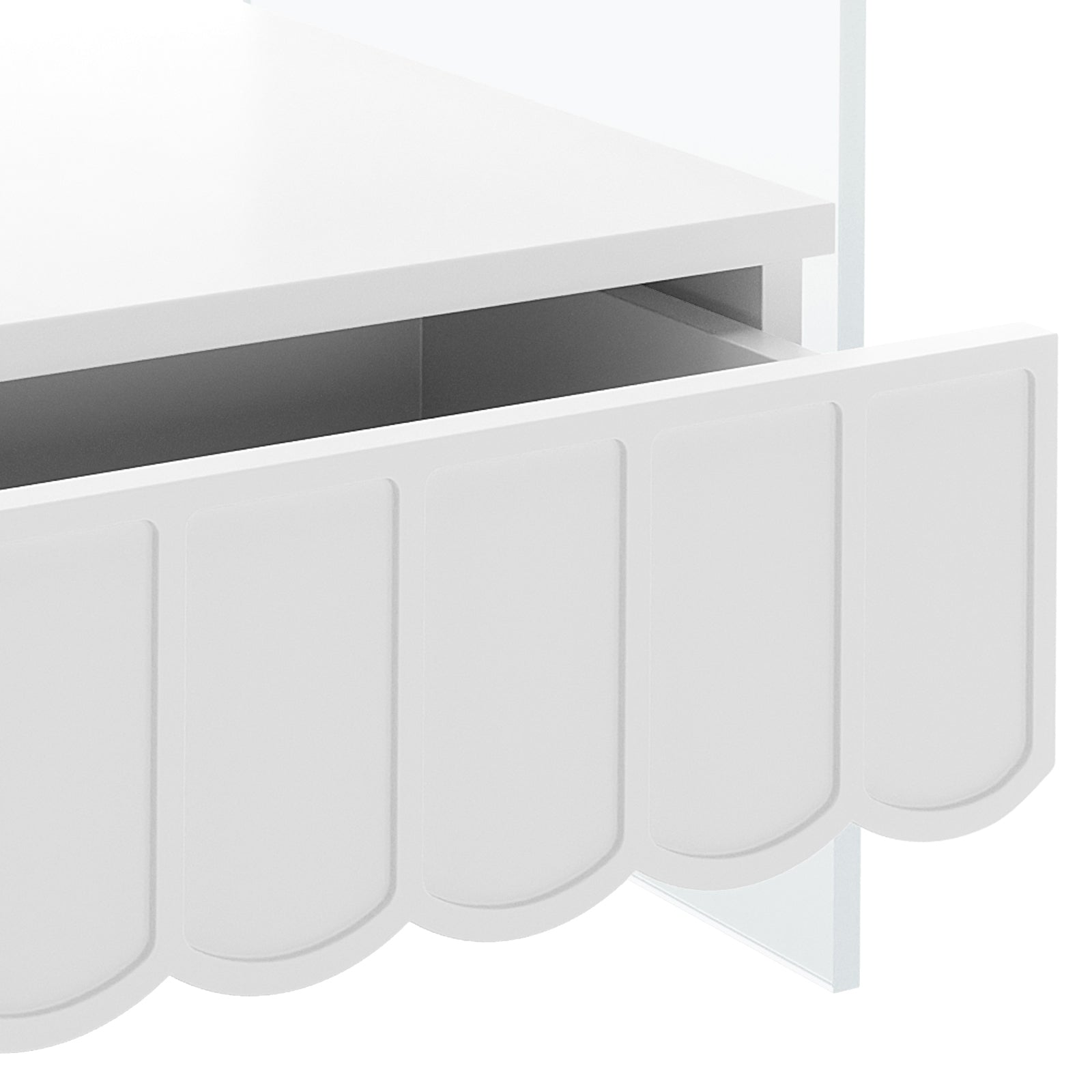Magdalena 45cm Scalloped Acrylic Bedside Table in White, featuring a decorative scalloped drawer panel, partially open to reveal an empty interior and transparent side support, showcasing modern elegance.