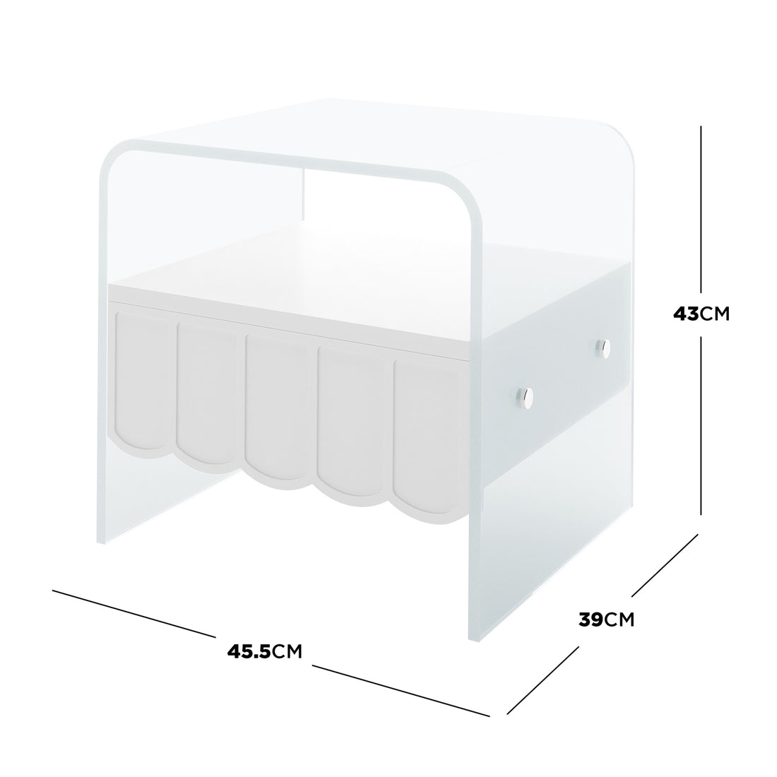 Magdalena 45cm Scalloped Acrylic Bedside Table in White features a clear two-tier design with a curved top, scalloped lower shelf, and metal fasteners, measuring 45.5cm wide, 39cm deep, 43cm tall.