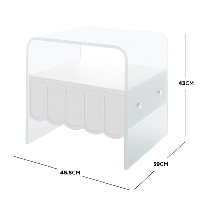Magdalena 45cm Scalloped Acrylic Bedside Table in White features a clear two-tier design with a curved top, scalloped lower shelf, and metal fasteners, measuring 45.5cm wide, 39cm deep, 43cm tall.